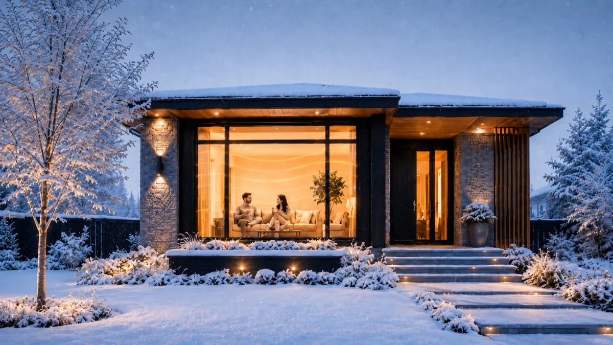 Warm Edmonton home interior during a −30 winter snowstorm