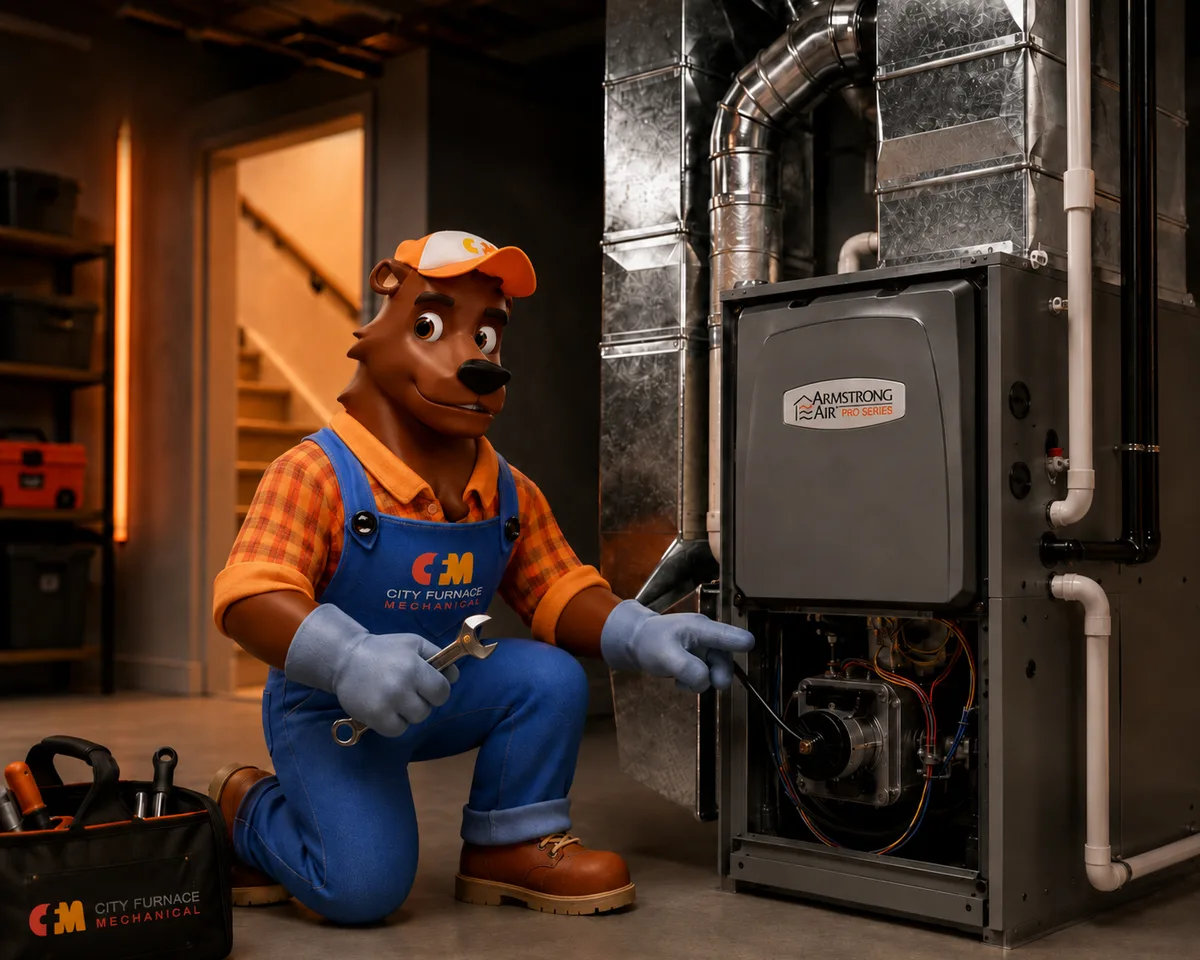 City Furnace Mechanical technician servicing an Armstrong Air furnace in a greater Edmonton area home