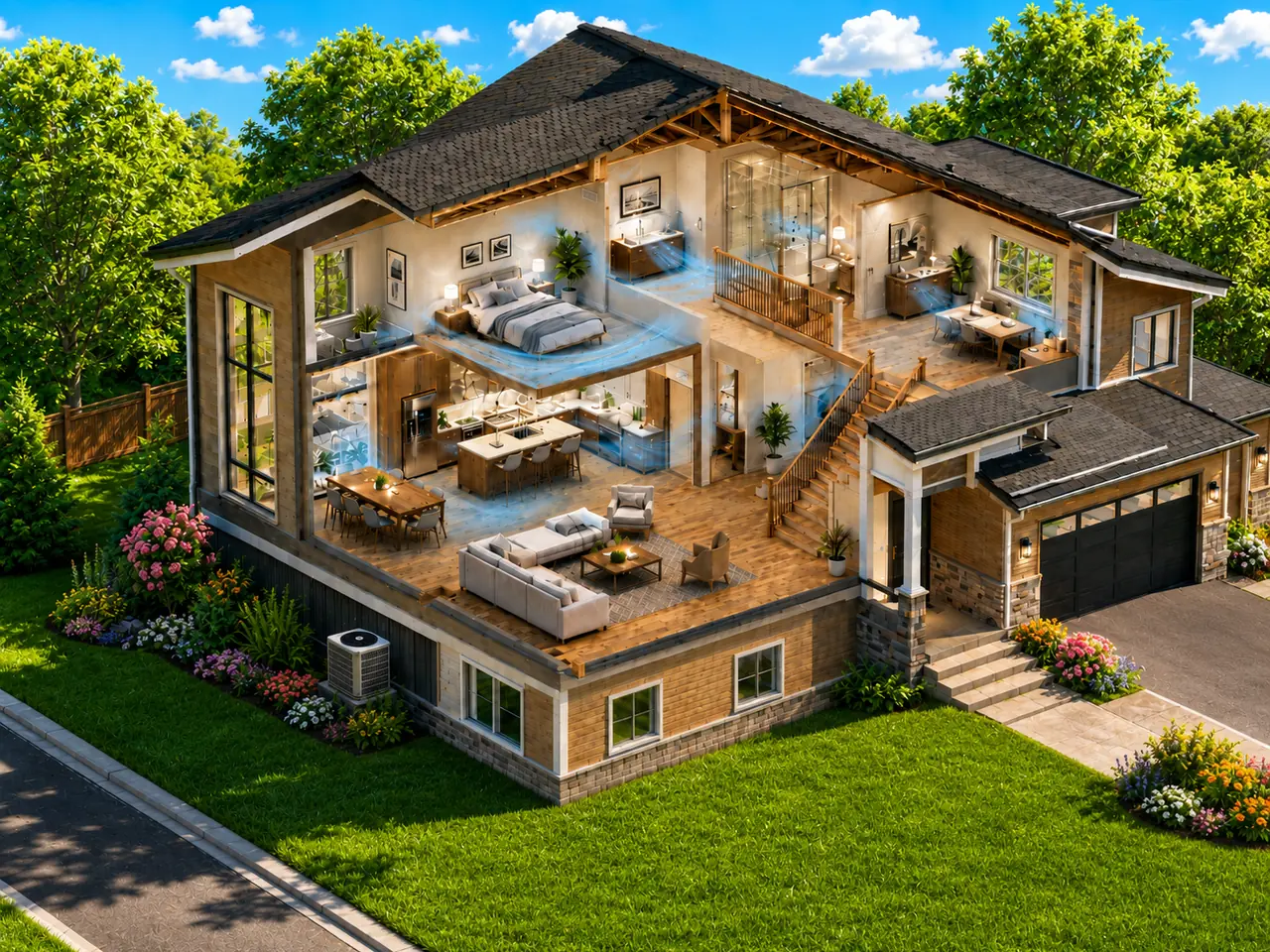 The same cutaway home on a green summer day, cool air circulating from central air conditioning