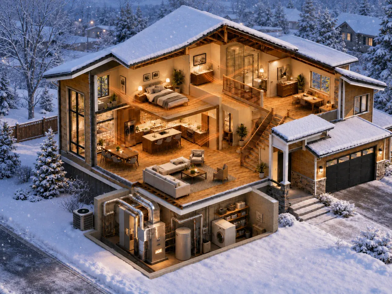 Cutaway home in a snowy Edmonton winter, warm air circulating from a high-efficiency furnace in the basement
