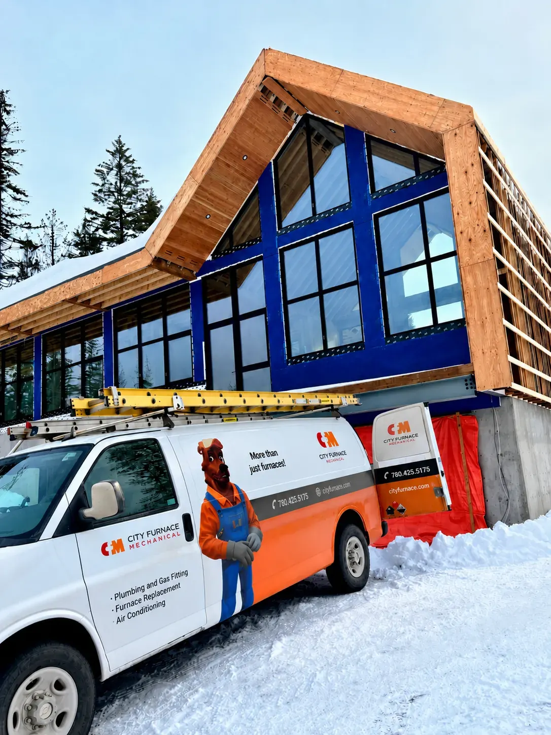 City Furnace Mechanical service van at a winter job site in the greater Edmonton area